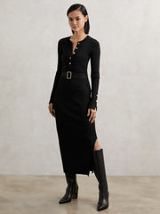Women Buttoned Rib-Knit Midi Dress in Black