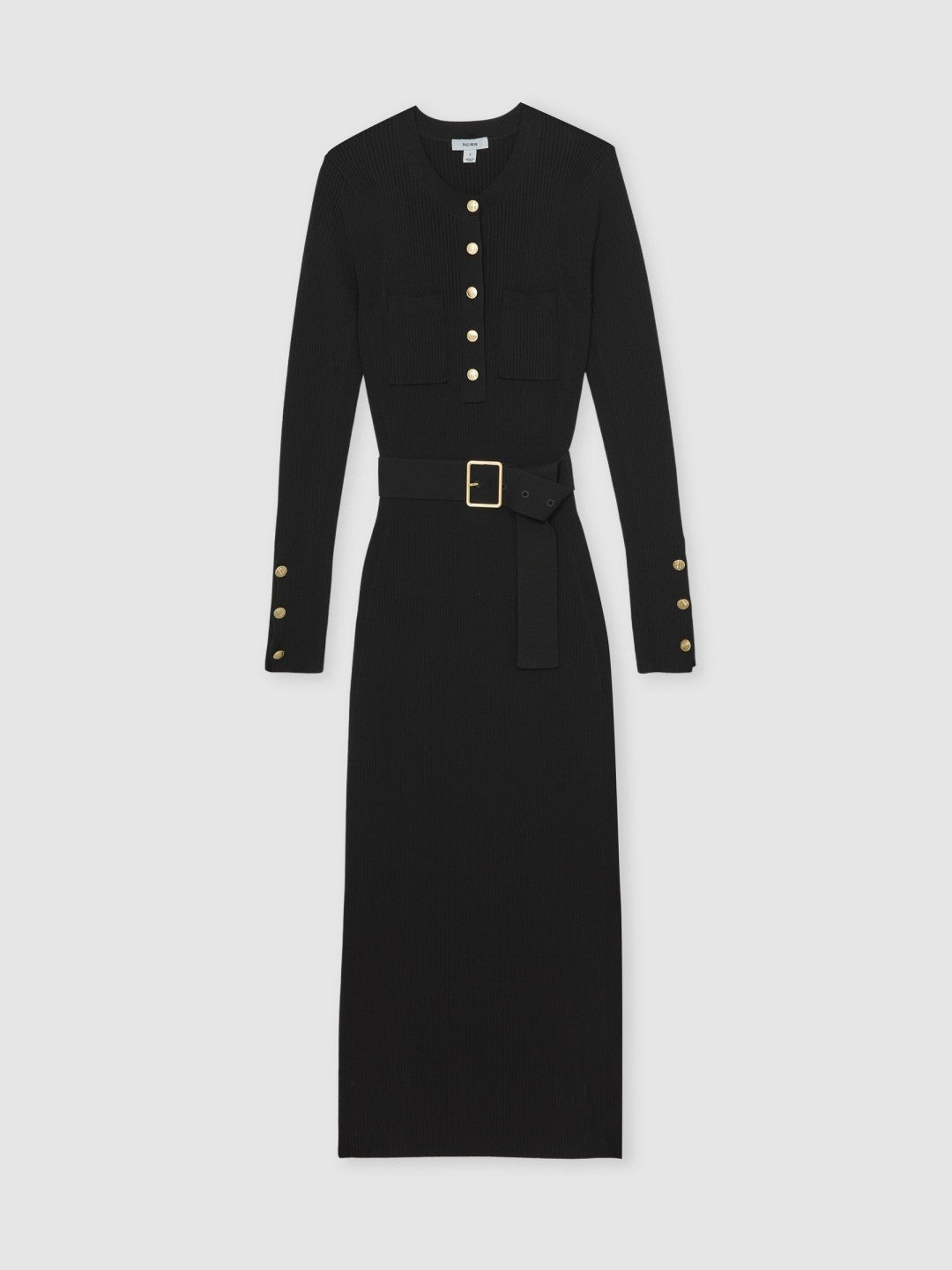 Women Buttoned Rib-Knit Midi Dress in Black