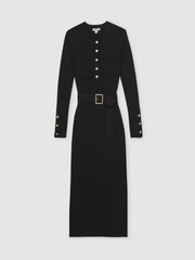 Women Buttoned Rib-Knit Midi Dress in Black