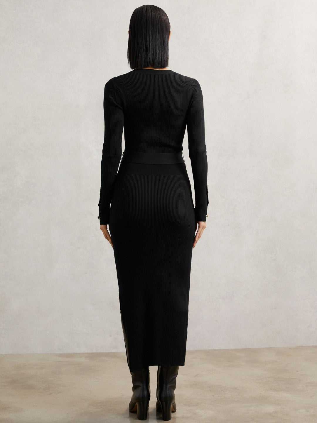 Women Buttoned Rib-Knit Midi Dress in Black
