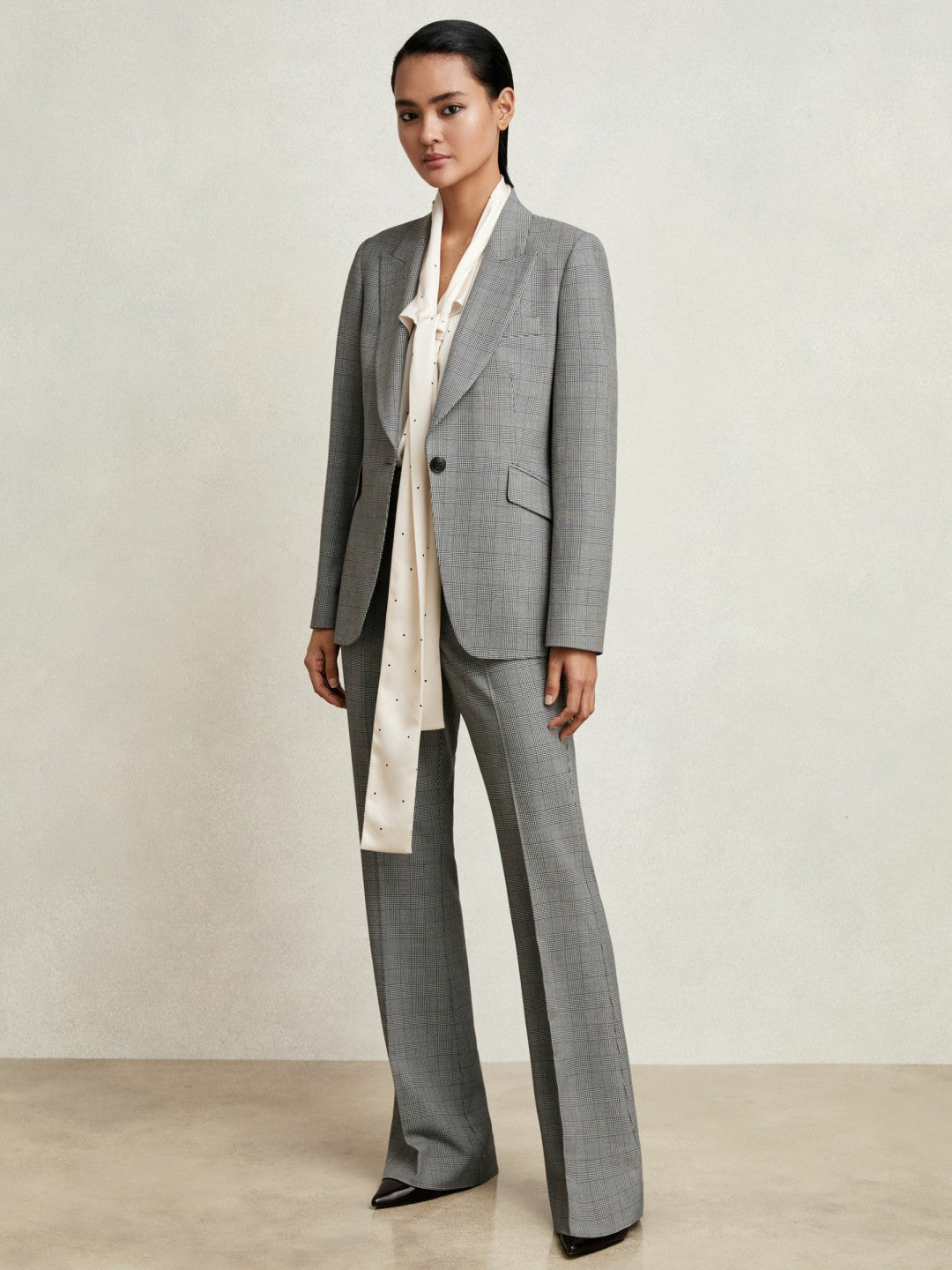 Women Petite Check Flared Suit Trousers in Grey