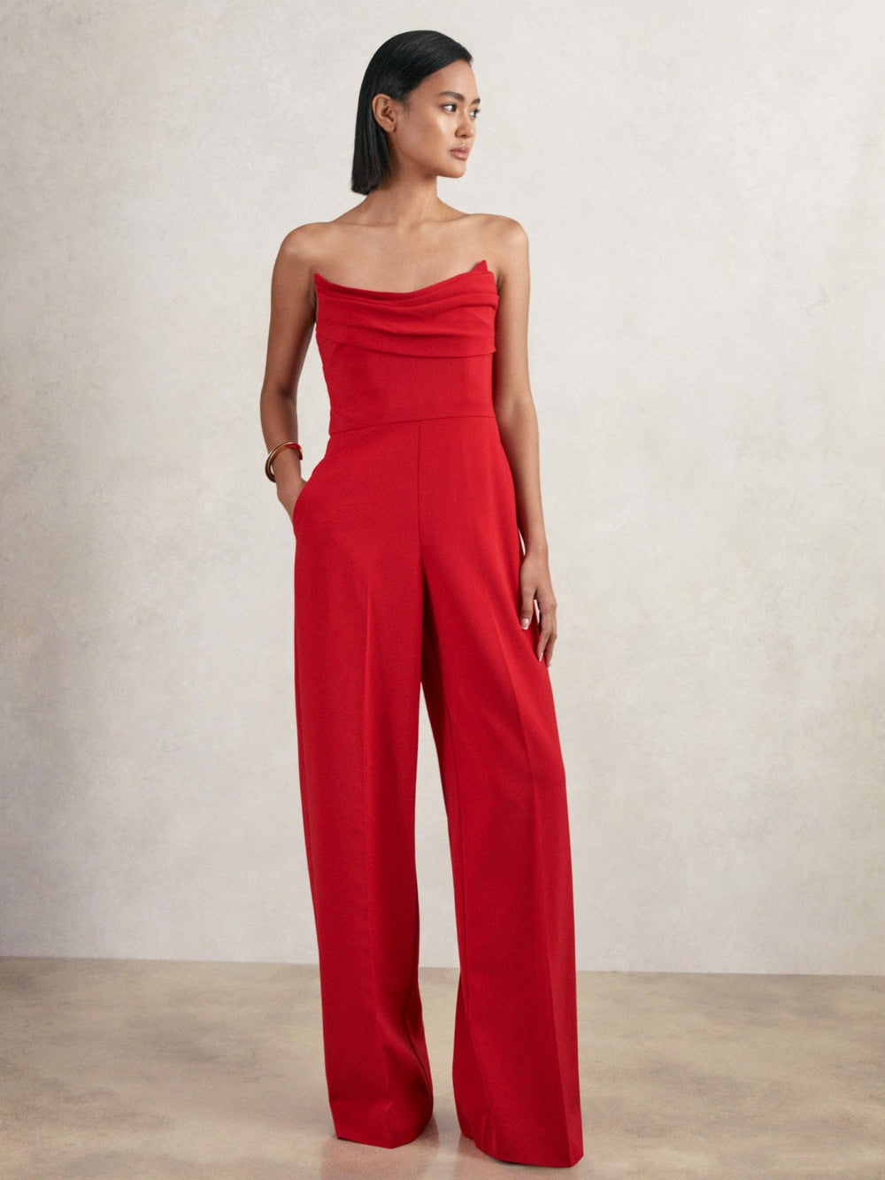 Women Structured Strapless Wide-Leg Jumpsuit in Red