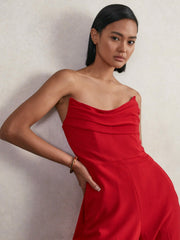 Women Structured Strapless Wide-Leg Jumpsuit in Red