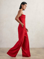 Women Structured Strapless Wide-Leg Jumpsuit in Red