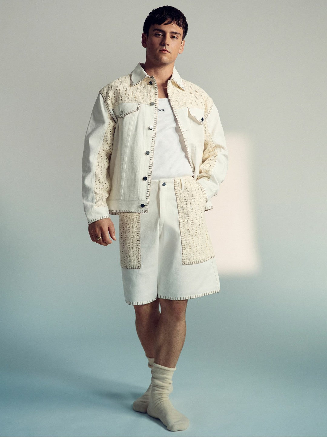 Men | Tom Daley Crochet Denim Jacket in Off White