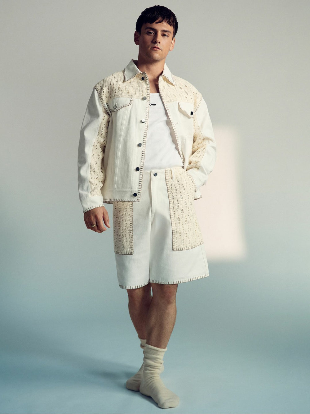Men | Tom Daley Crochet Denim Jacket in Off White