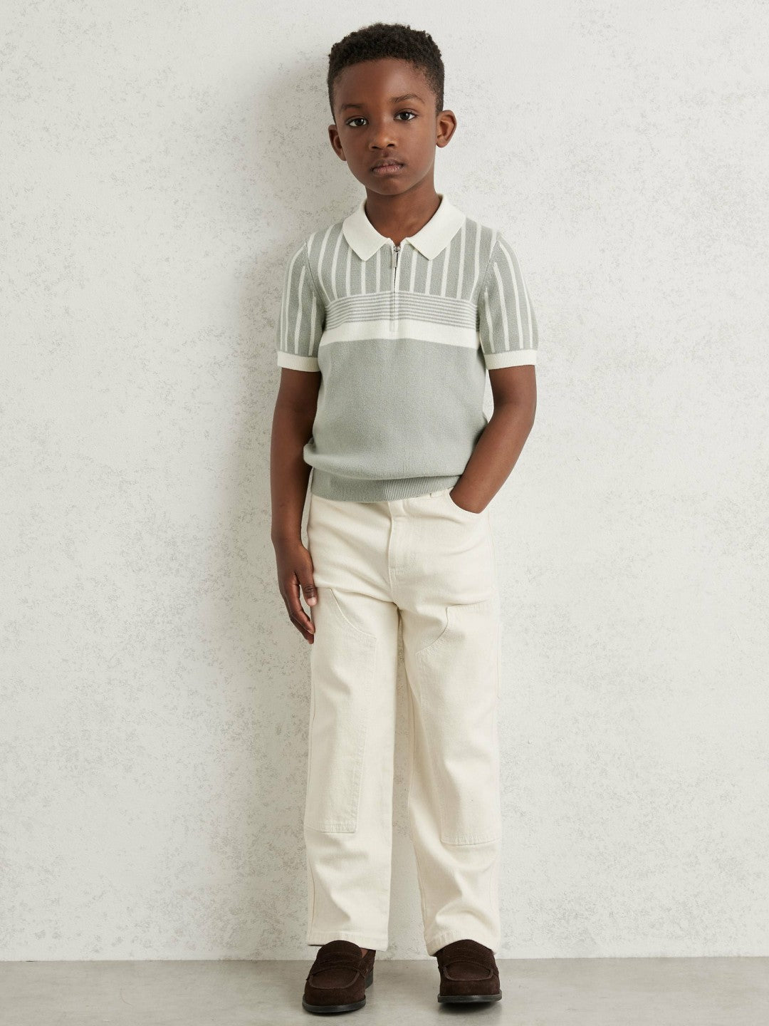 Children & Baby 3-9 yrs Cotton Stripe Knit Half-Zip Polo Shirt in Sage Green/Off White
