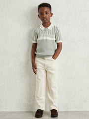 Children & Baby 3-9 yrs Cotton Stripe Knit Half-Zip Polo Shirt in Sage Green/Off White