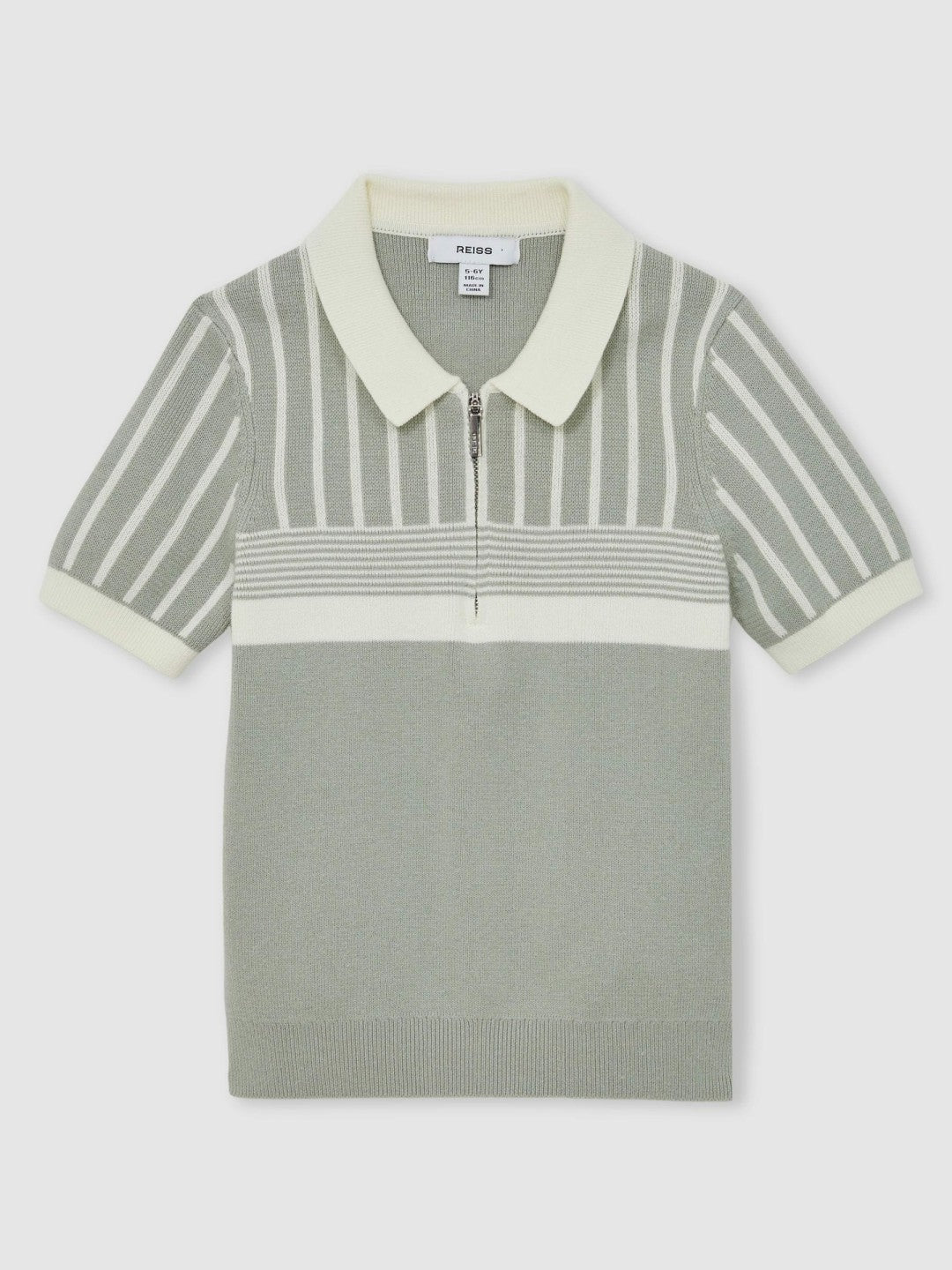 Children & Baby 3-9 yrs Cotton Stripe Knit Half-Zip Polo Shirt in Sage Green/Off White