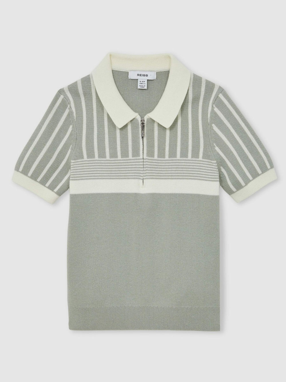 Children & Baby 3-9 yrs Cotton Stripe Knit Half-Zip Polo Shirt in Sage Green/Off White