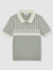 Children & Baby 3-9 yrs Cotton Stripe Knit Half-Zip Polo Shirt in Sage Green/Off White