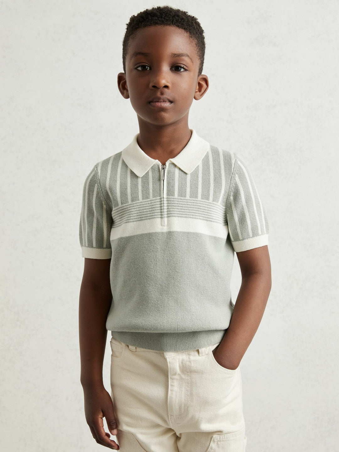 Children & Baby 3-9 yrs Cotton Stripe Knit Half-Zip Polo Shirt in Sage Green/Off White