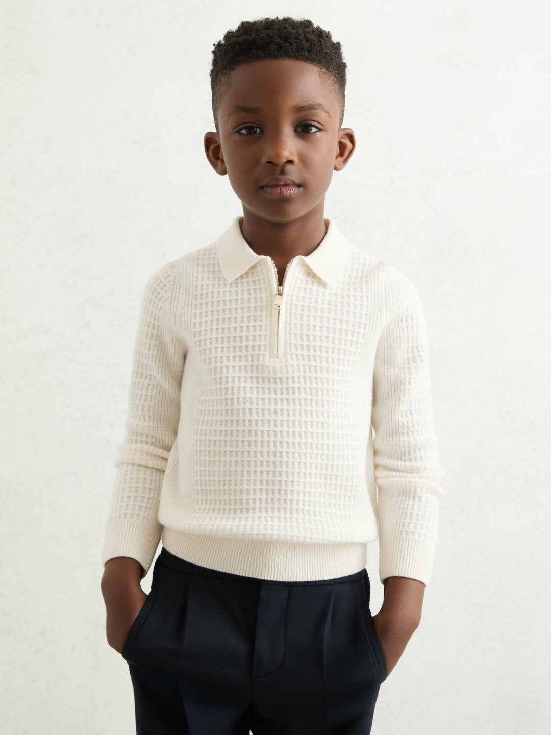 Children & Baby 9-13 yrs Wool Waffle-Knit Half-Zip Polo Shirt in Off White