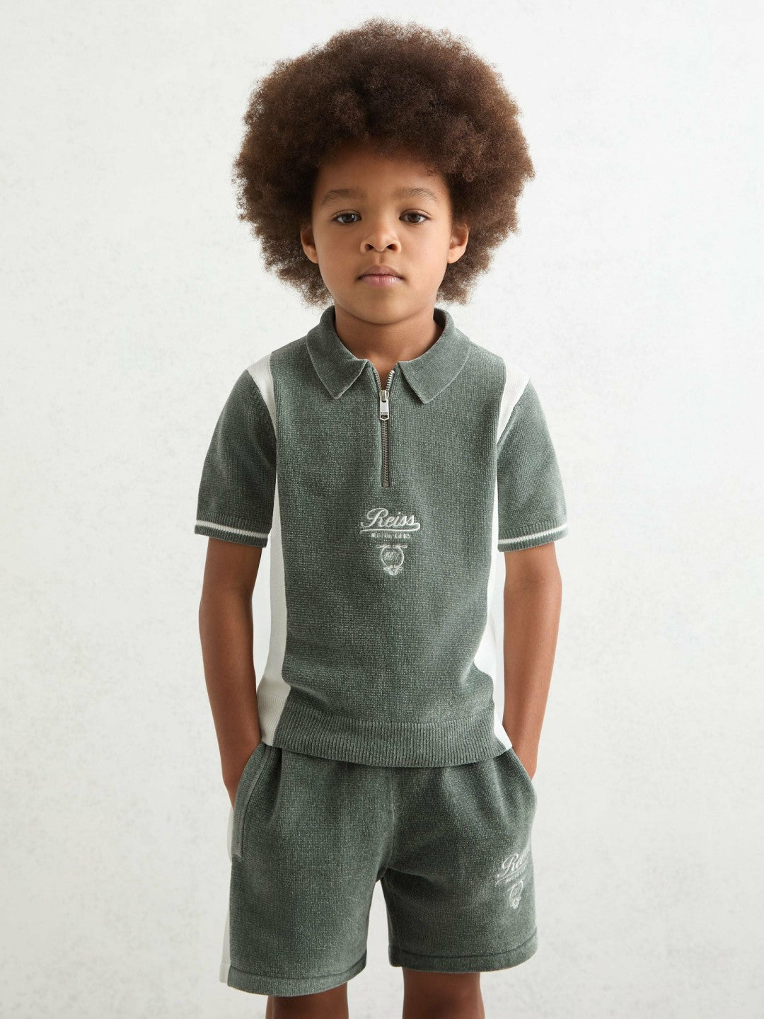 Children & Baby 3-9 yrs Chenille Tipped Motor Cars Polo Shirt in Dark Sage Green/White