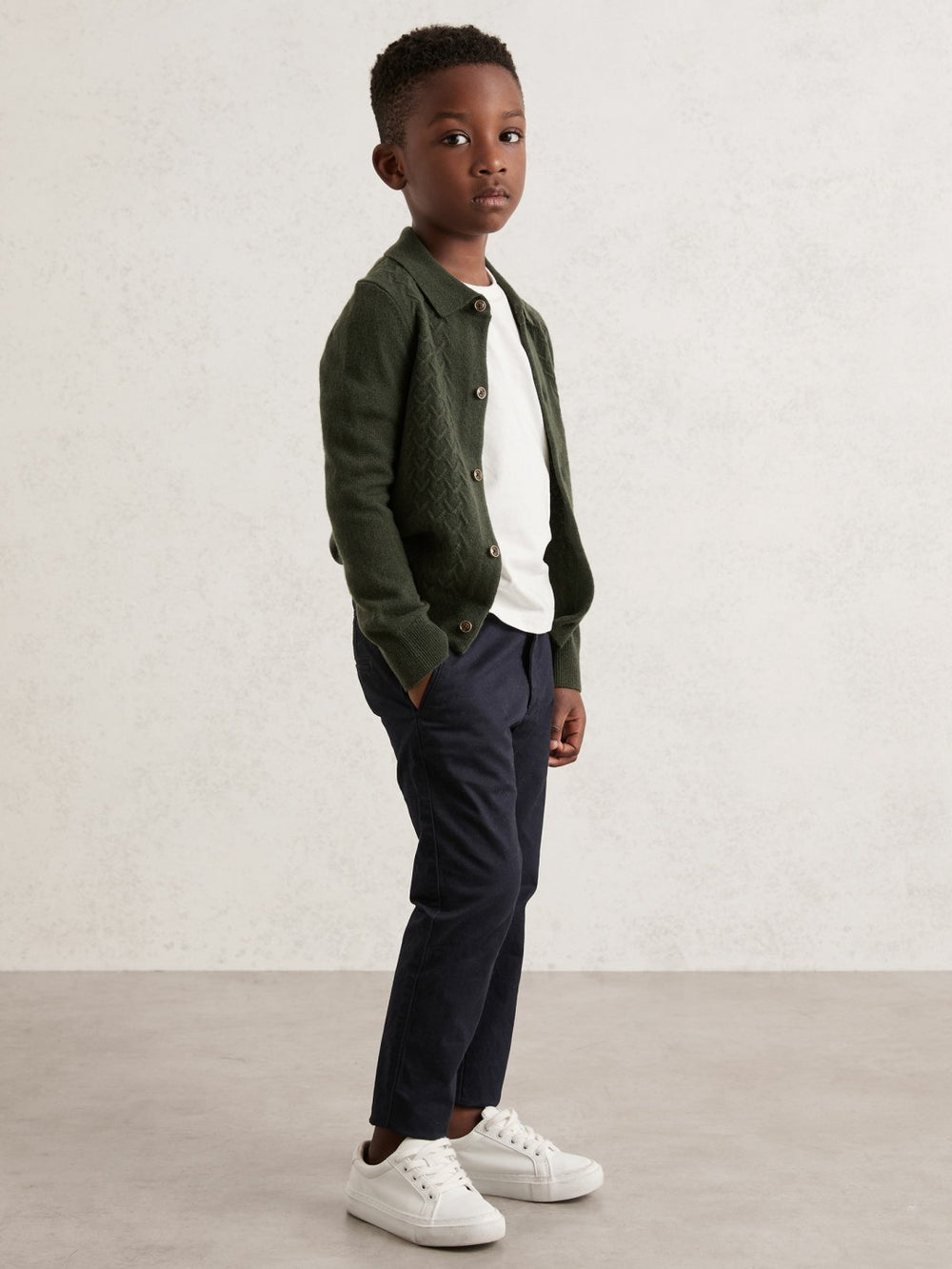 Children & Baby 3-9 yrs Wool V-Stitch Button-Through Cardigan in Forest Green