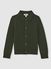 Children & Baby 3-9 yrs Wool V-Stitch Button-Through Cardigan in Forest Green