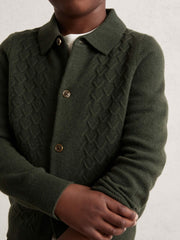 Children & Baby 3-9 yrs Wool V-Stitch Button-Through Cardigan in Forest Green