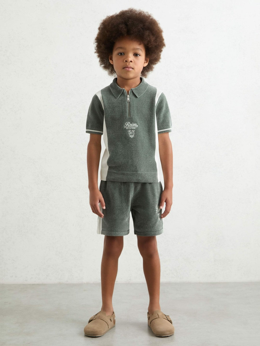 Children & Baby 3-9 yrs Chenille Tipped Motor Cars Shorts in Dark Sage Green/White