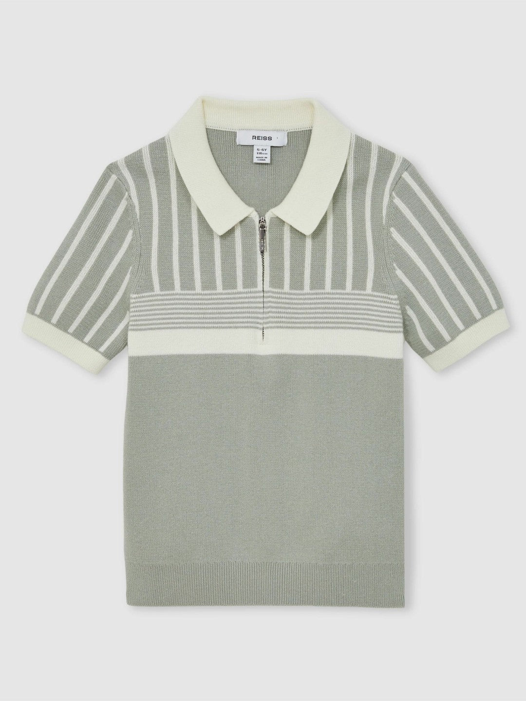 Children & Baby 13-14 yrs Cotton Stripe Knit Half-Zip Polo Shirt in Sage Green/Off White