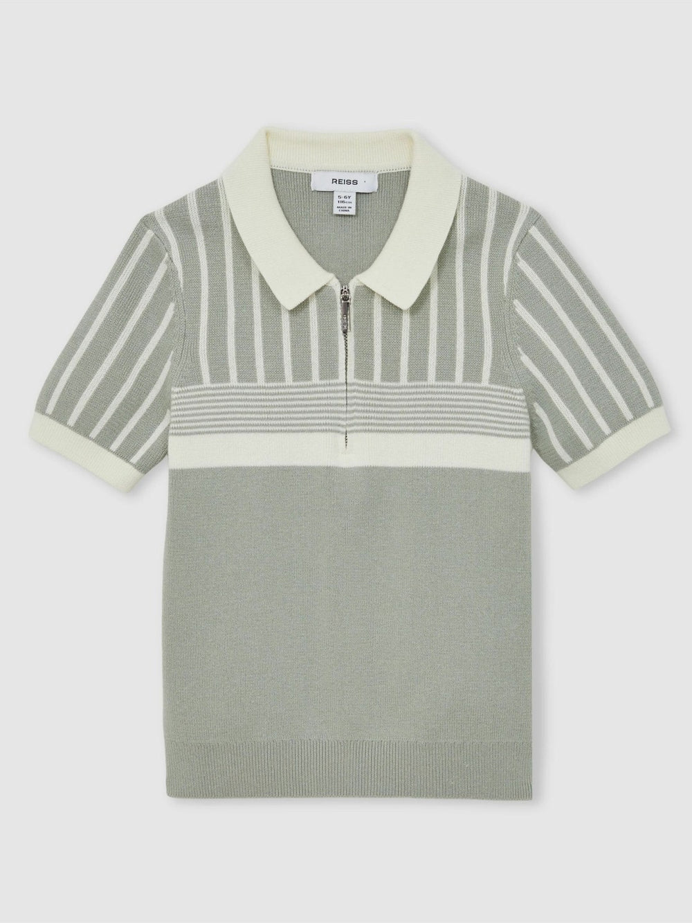 Children & Baby 13-14 yrs Cotton Stripe Knit Half-Zip Polo Shirt in Sage Green/Off White