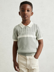 Children & Baby 13-14 yrs Cotton Stripe Knit Half-Zip Polo Shirt in Sage Green/Off White