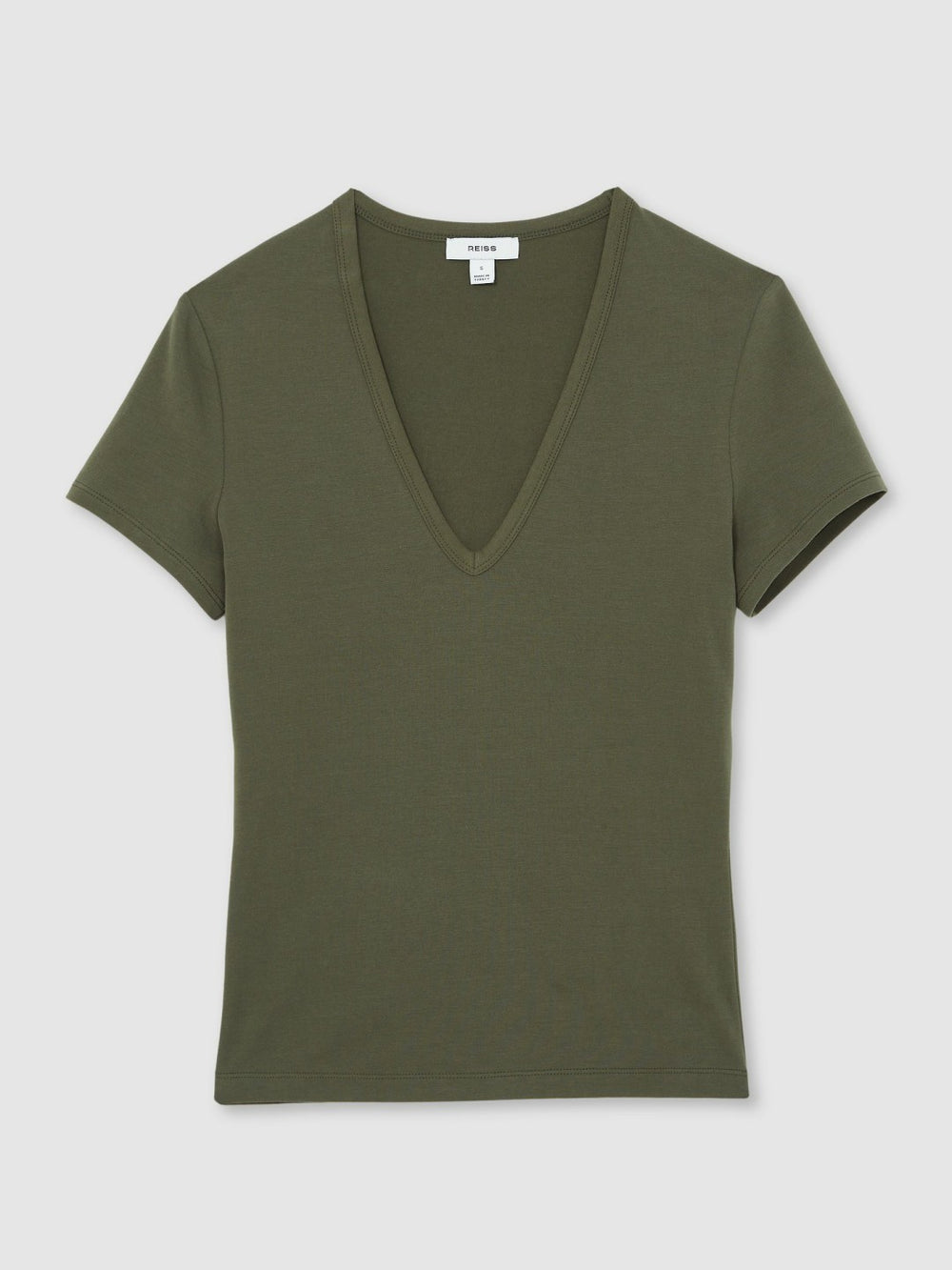 Women Stretch Cotton V-Neck T-Shirt in Khaki Green