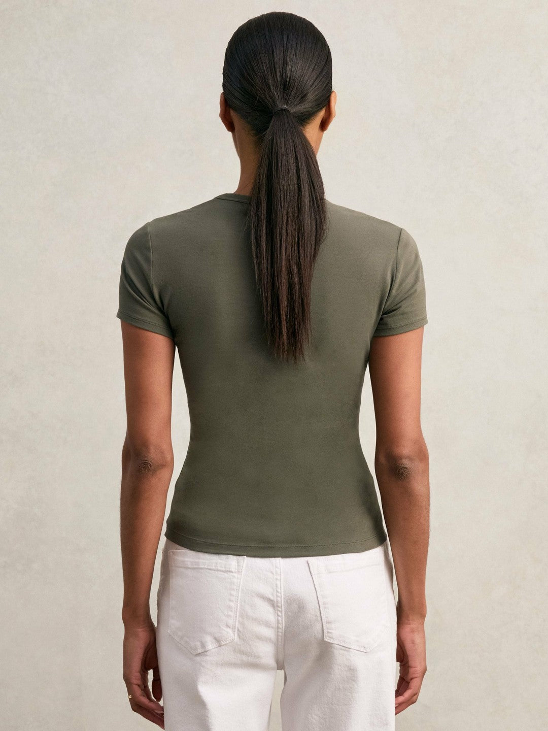 Women Stretch Cotton V-Neck T-Shirt in Khaki Green