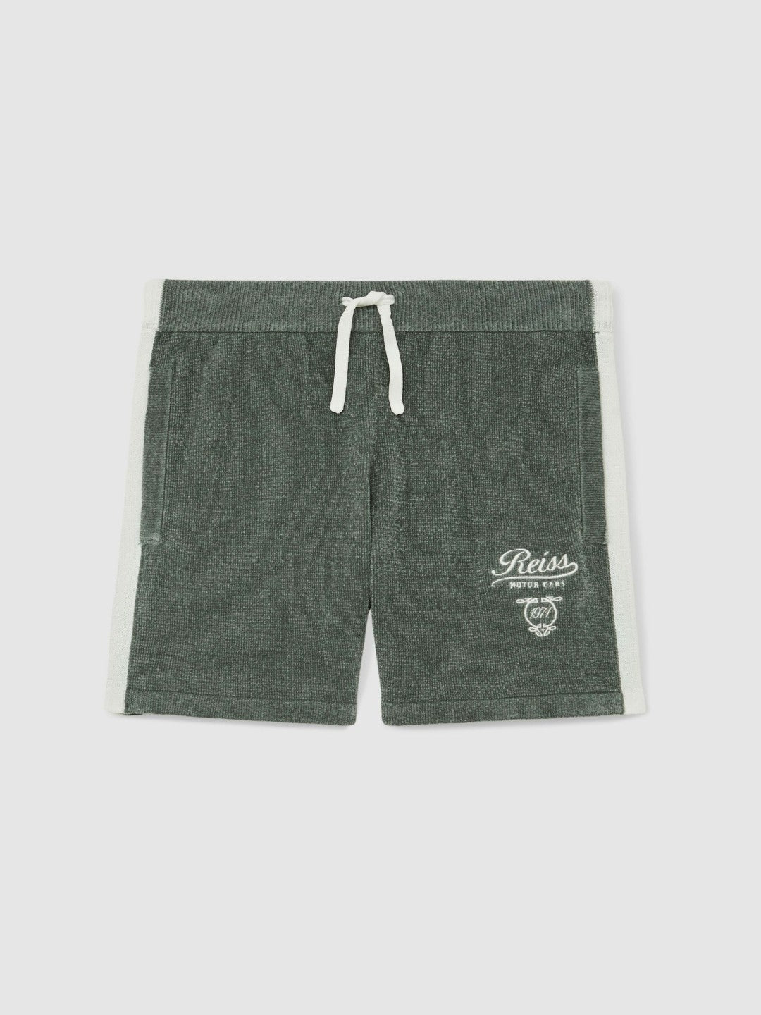 Children & Baby 13-14 yrs Chenille Tipped Motor Cars Shorts in Dark Sage Green/White
