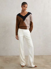 Women Wool-Blend Colourblock Knit Jumper with Cashmere in Toffee Brown/Navy/Neutral