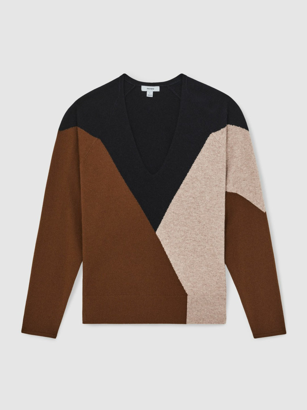 Women Wool-Blend Colourblock Knit Jumper with Cashmere in Toffee Brown/Navy/Neutral