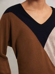 Women Wool-Blend Colourblock Knit Jumper with Cashmere in Toffee Brown/Navy/Neutral