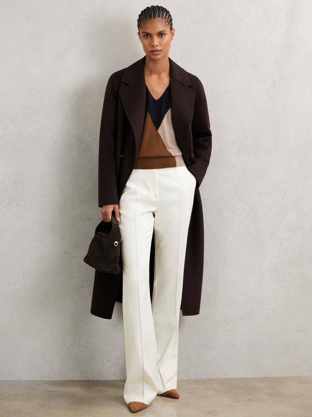 Women Wool-Blend Colourblock Knit Jumper with Cashmere in Toffee Brown/Navy/Neutral