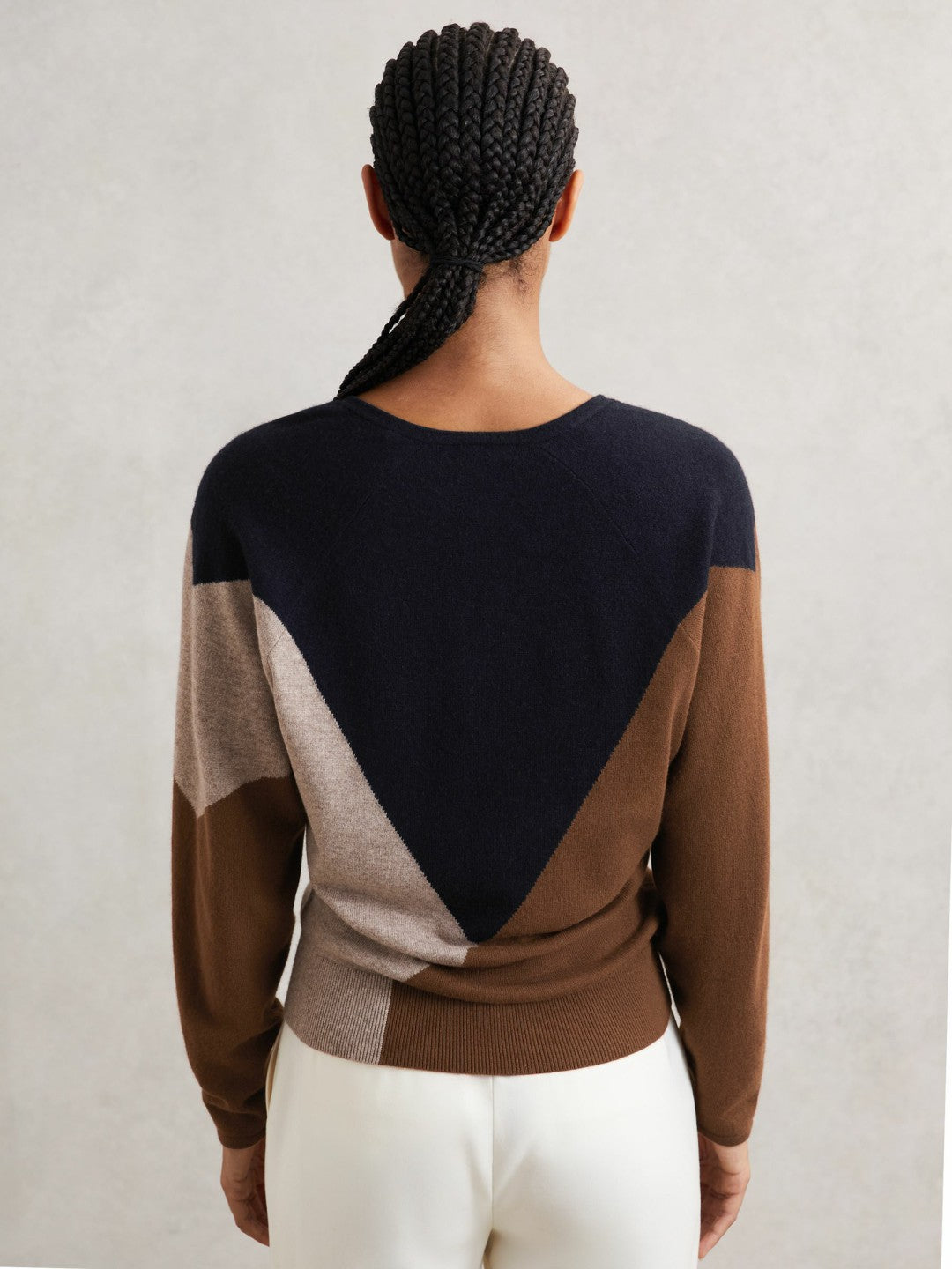 Women Wool-Blend Colourblock Knit Jumper with Cashmere in Toffee Brown/Navy/Neutral