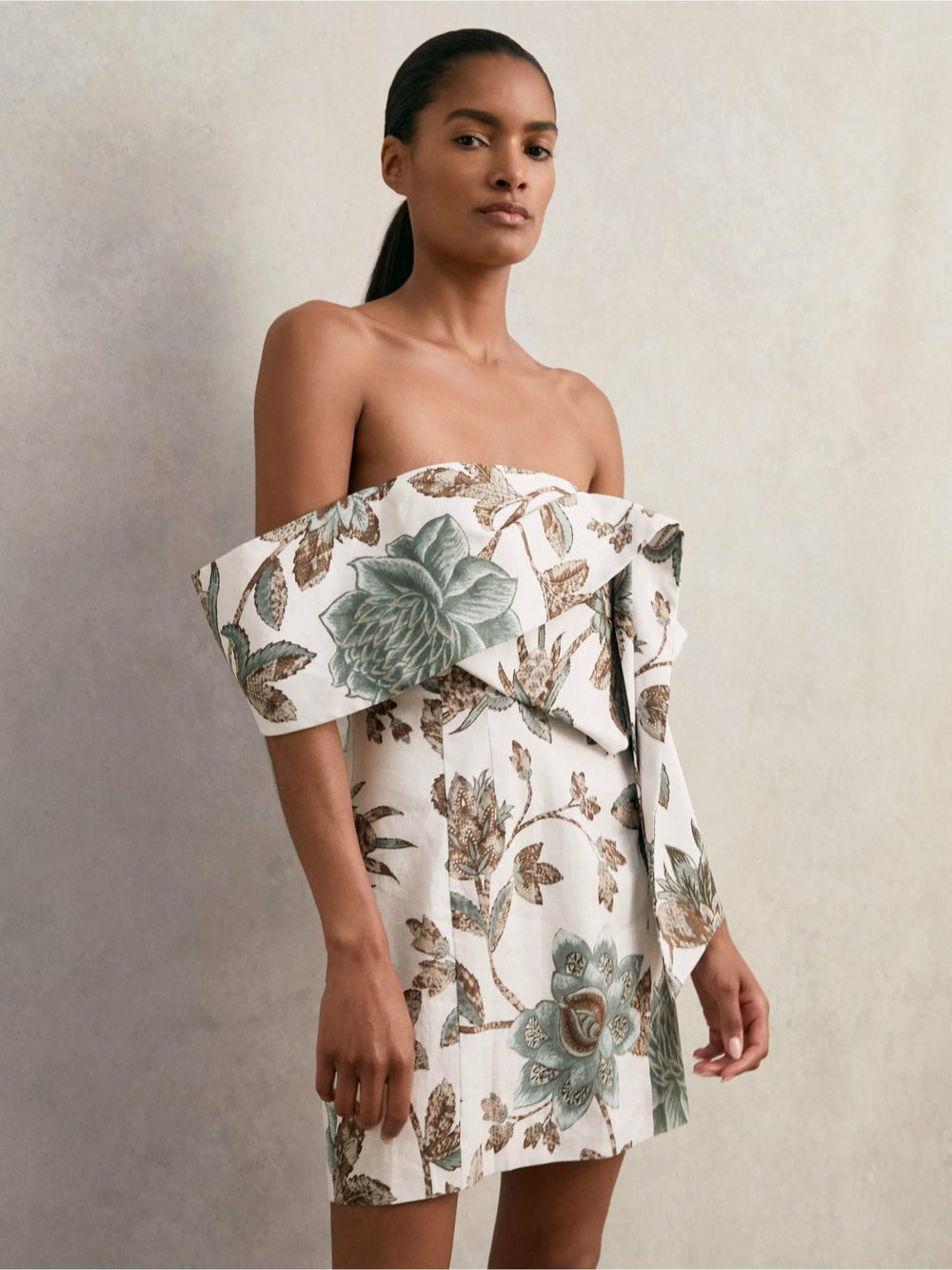 Women Sculpted Off-Shoulder Floral Mini Dress Linen-Cotton in Ivory
