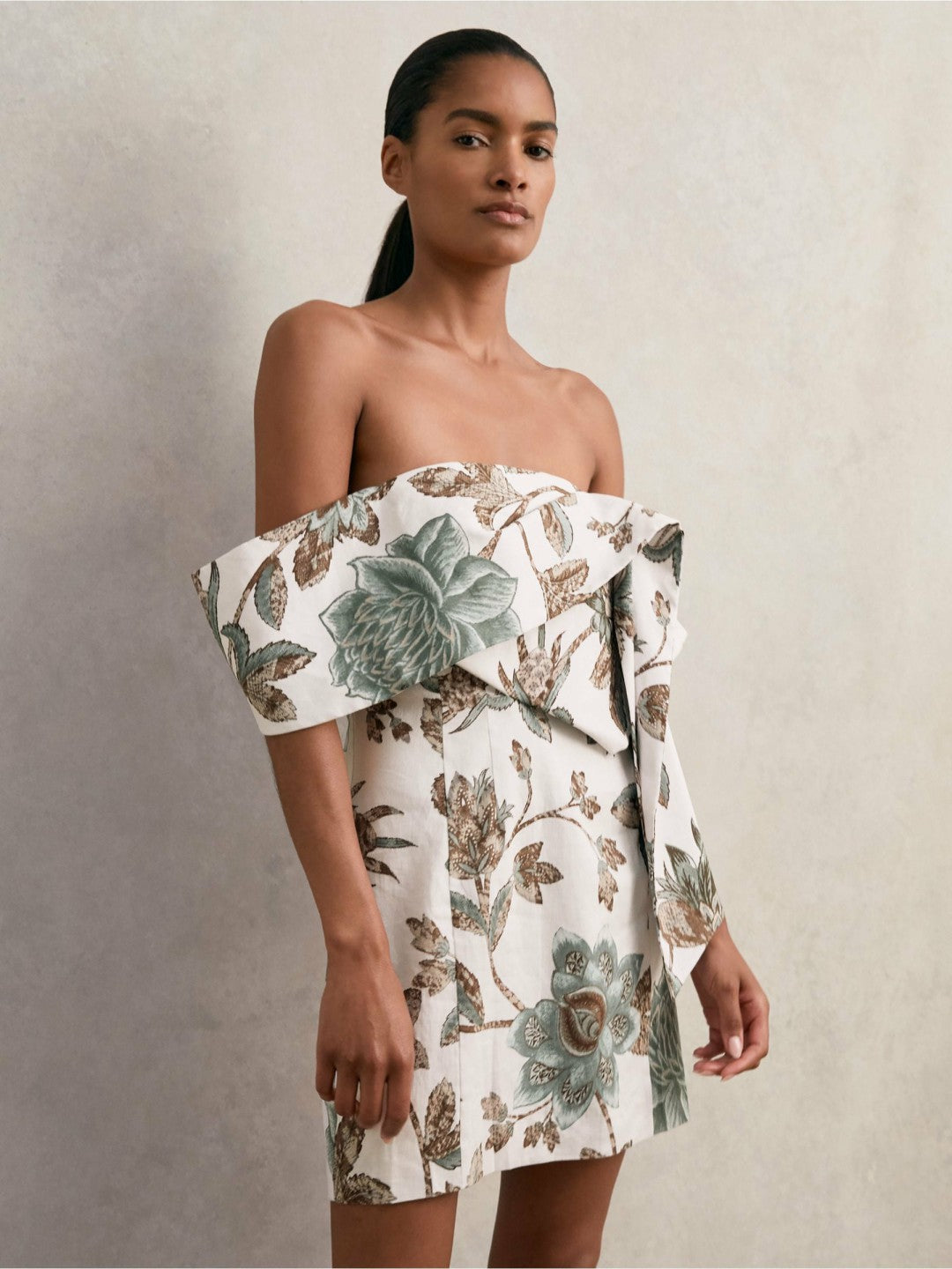 Women Sculpted Off-Shoulder Floral Mini Dress Linen-Cotton in Ivory