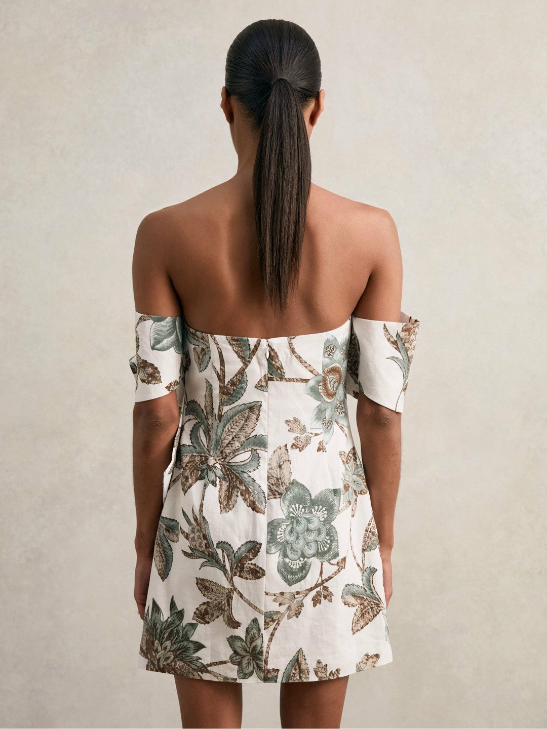Women Sculpted Off-Shoulder Floral Mini Dress Linen-Cotton in Ivory