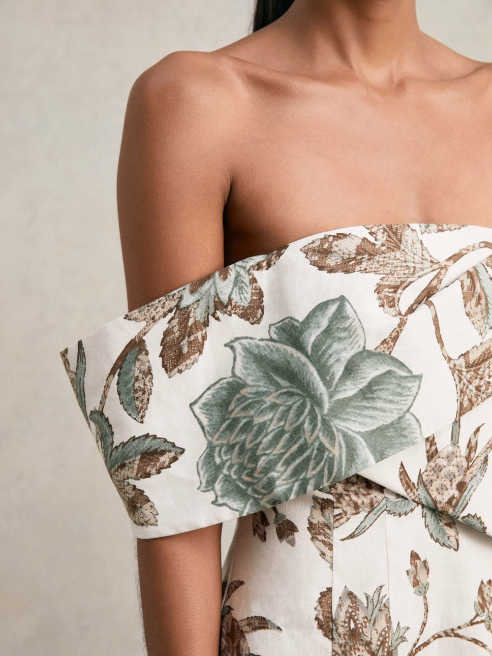 Women Sculpted Off-Shoulder Floral Mini Dress Linen-Cotton in Ivory