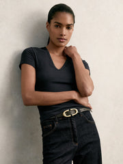 Women Stretch Cotton V-Neck T-Shirt in Navy