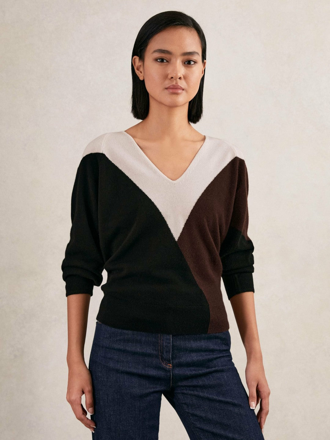 Women Wool-Blend Colourblock Knit Jumper with Cashmere in Black/Burgundy/Cream