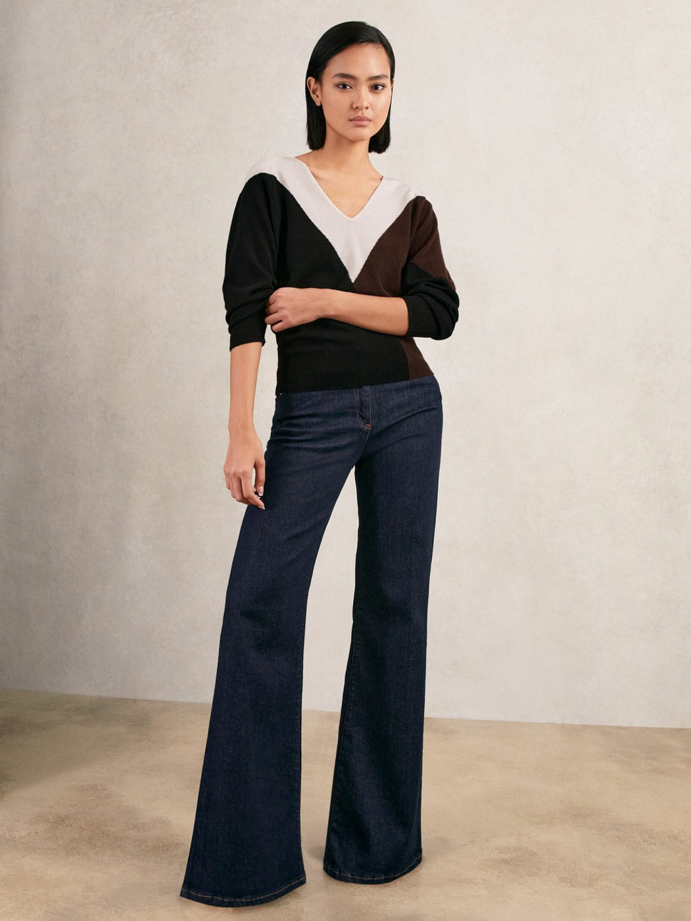 Women Wool-Blend Colourblock Knit Jumper with Cashmere in Black/Burgundy/Cream