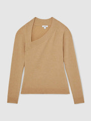 Women Wool-Blend Asymmetric Knit Top in Camel