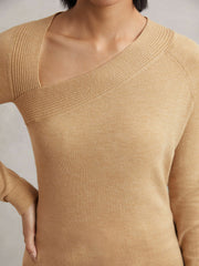 Women Wool-Blend Asymmetric Knit Top in Camel