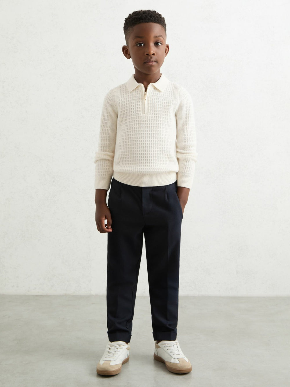 Children & Baby 13-14 yrs Wool Waffle-Knit Half-Zip Polo Shirt in Off White