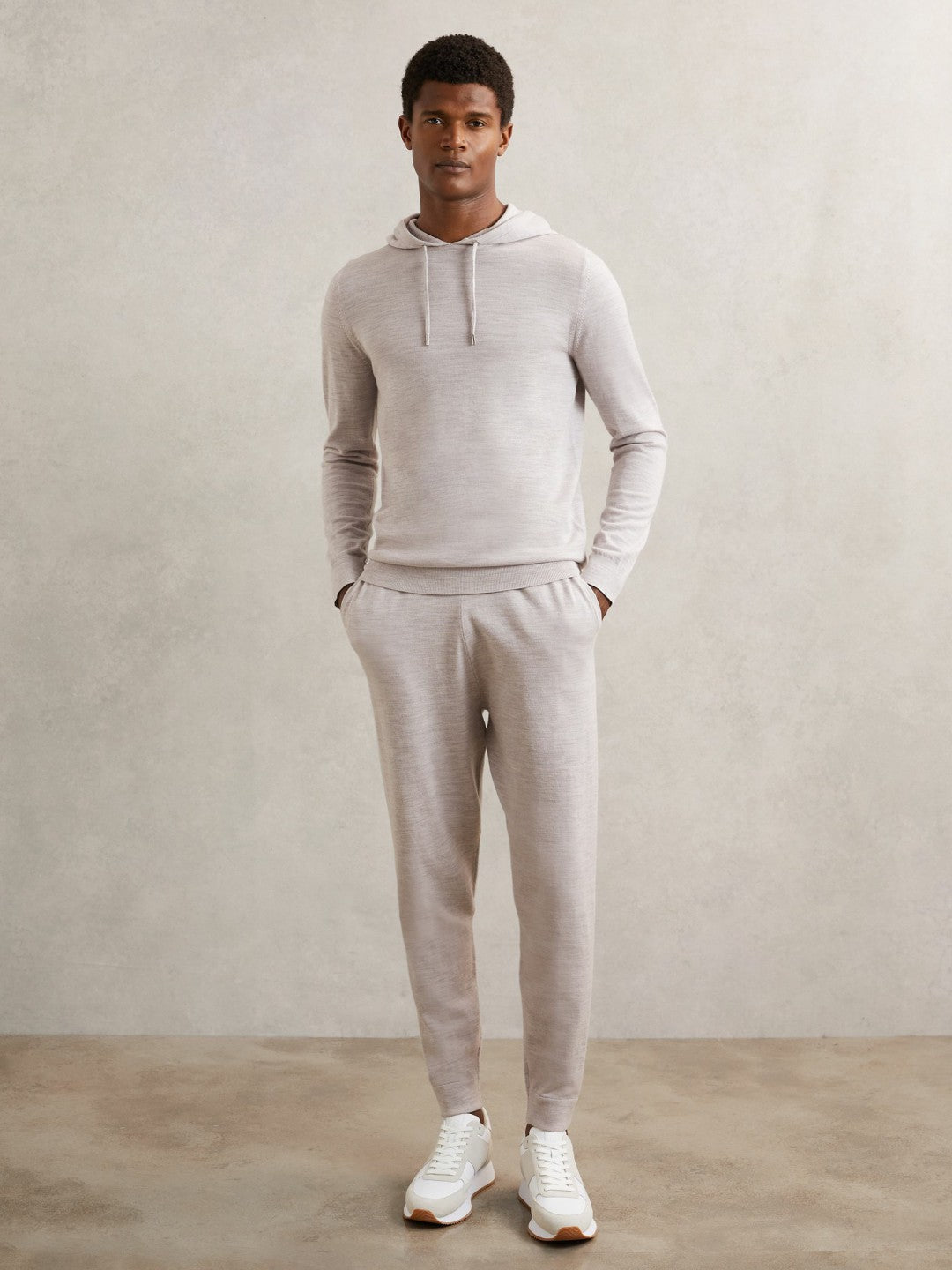 Men Merino Wool Drawstring Hoodie in Wicker Brown Melange