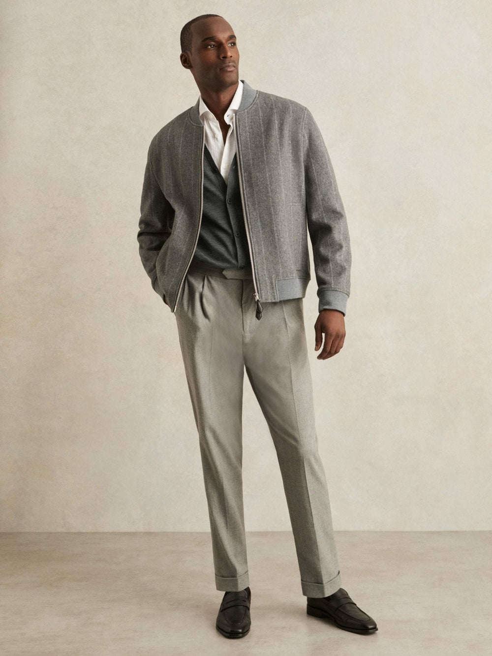 Men Merino Wool Button-Through Cardigan in Derby Grey Melange