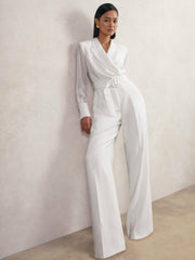 Women Sheer-Sleeve Wide-Leg Tuxedo Jumpsuit in Ivory