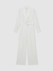 Women Sheer-Sleeve Wide-Leg Tuxedo Jumpsuit in Ivory
