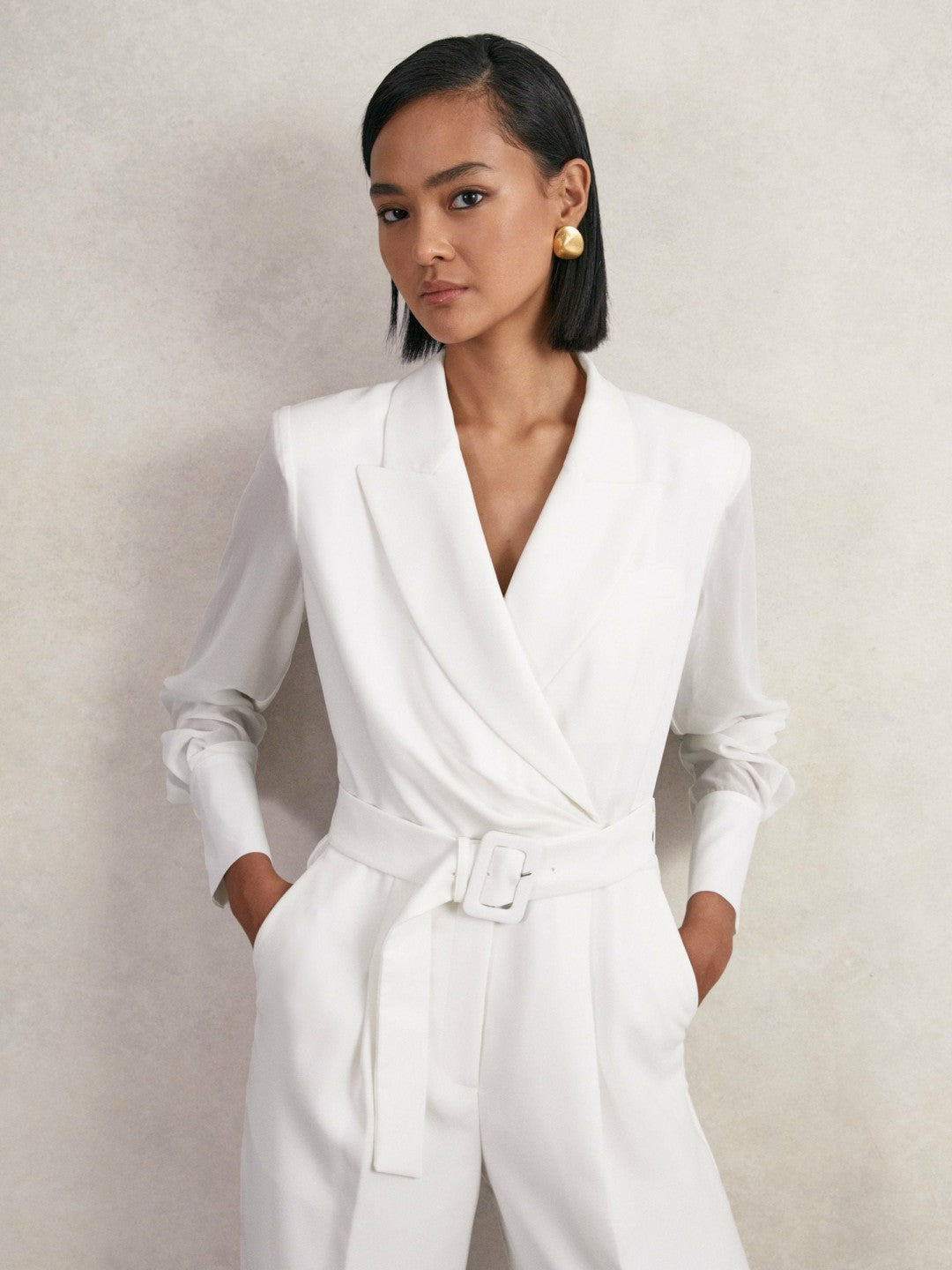 Women Sheer-Sleeve Wide-Leg Tuxedo Jumpsuit in Ivory