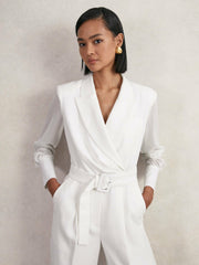 Women Sheer-Sleeve Wide-Leg Tuxedo Jumpsuit in Ivory