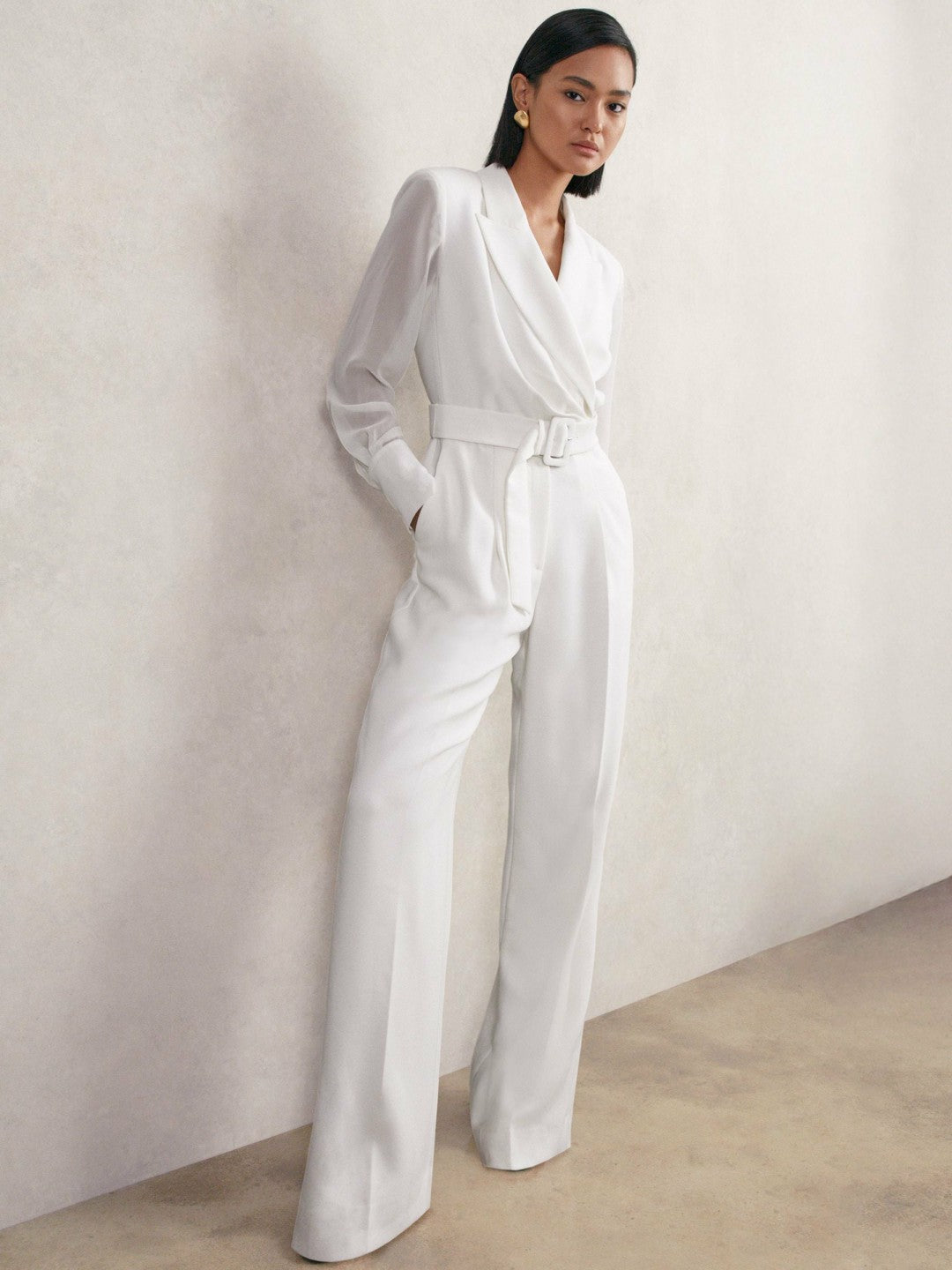 Women Sheer-Sleeve Wide-Leg Tuxedo Jumpsuit in Ivory